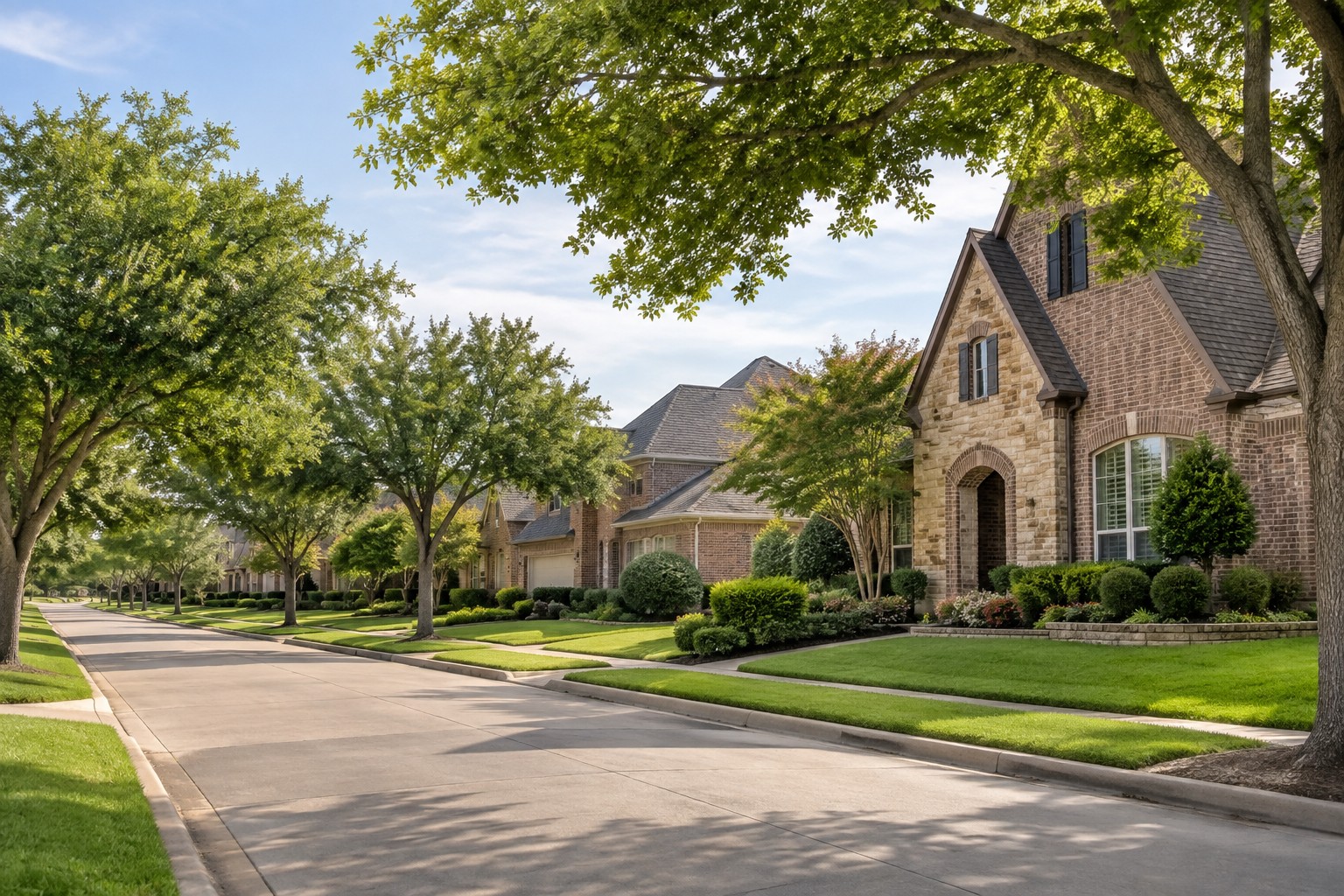 A Dallas-Fort Worth residential street with mature trees, illustrative