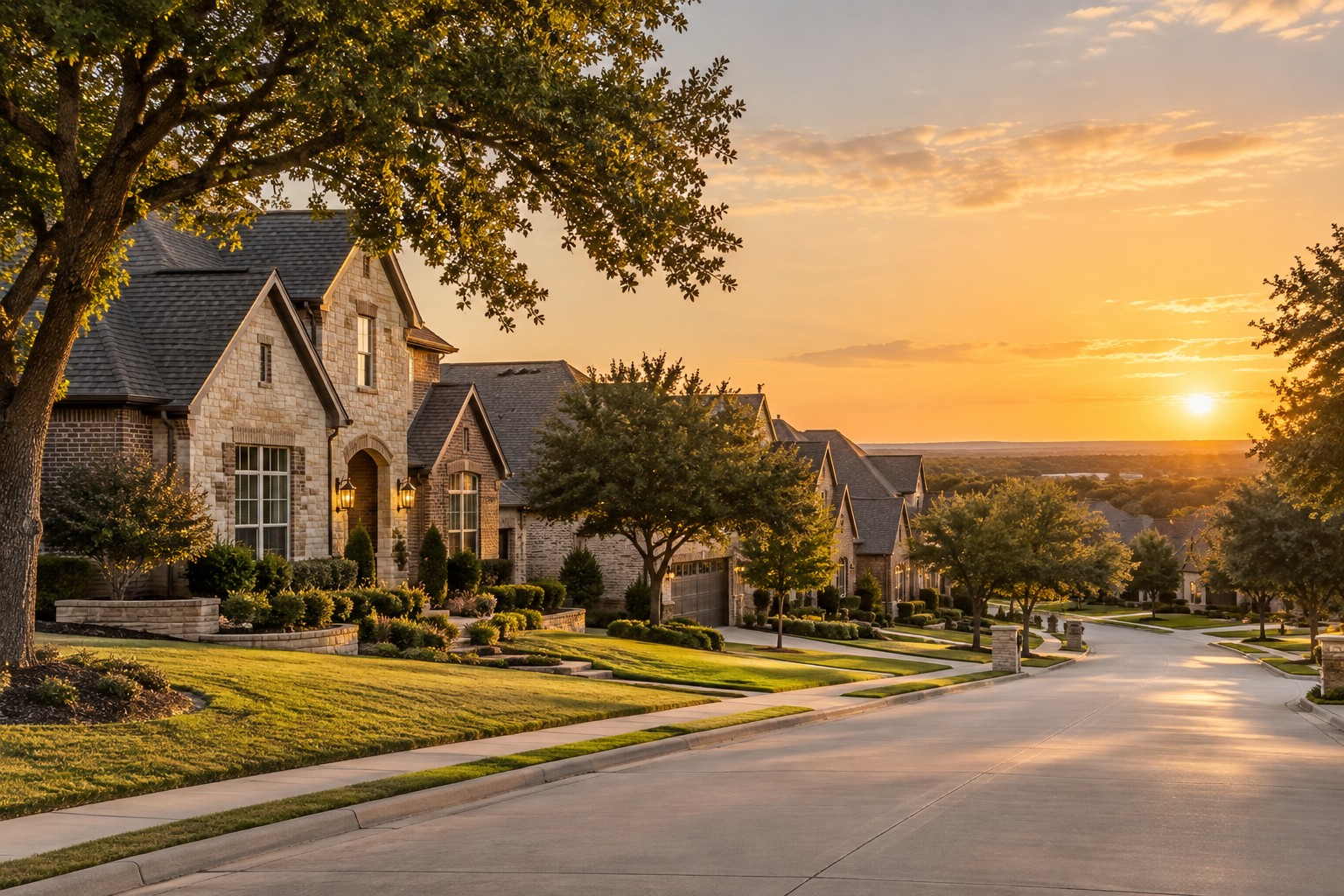 A Frisco, Texas neighborhood street lined with mature trees at golden hour, illustrative