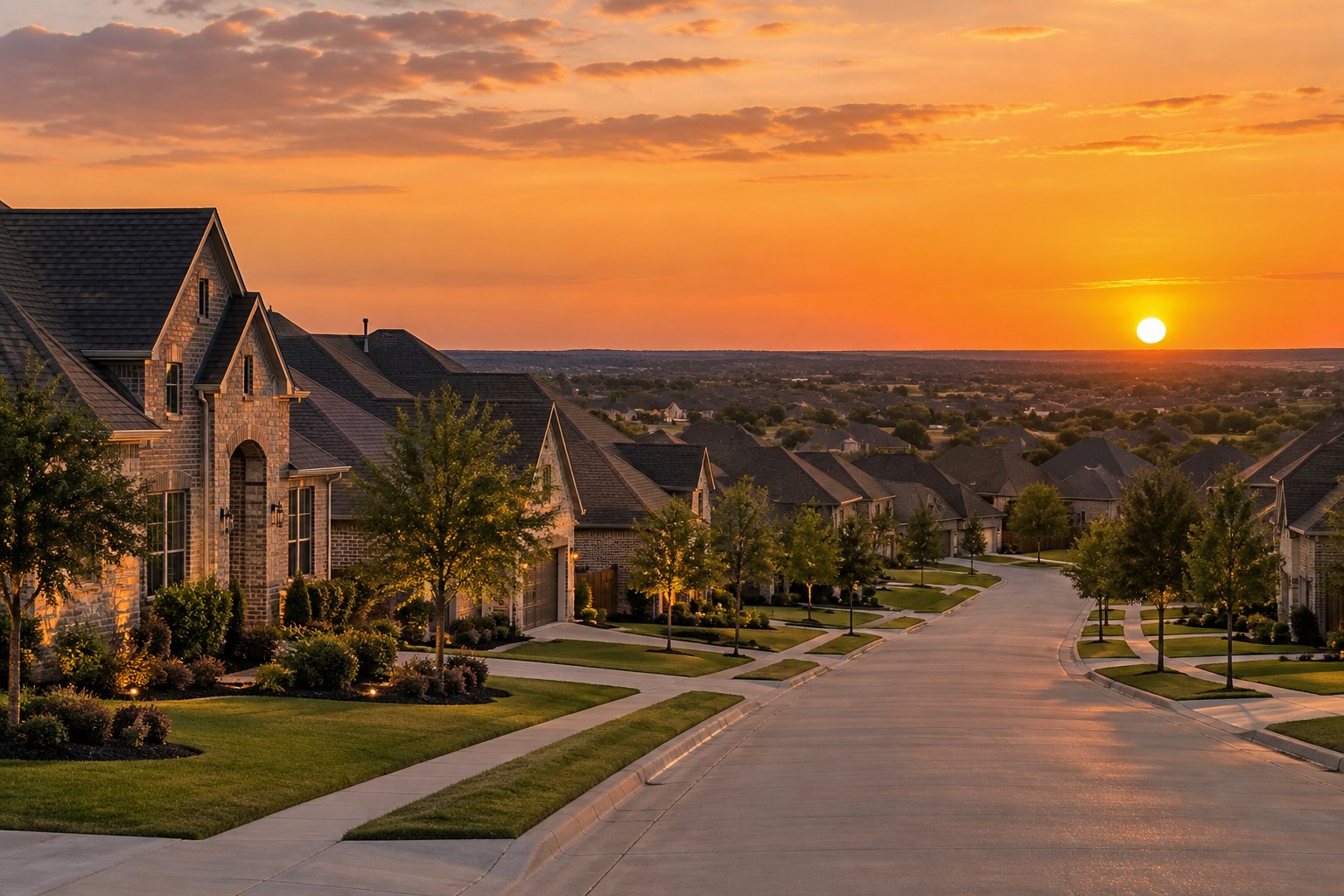 A Dallas-Fort Worth street at sunset, illustrative