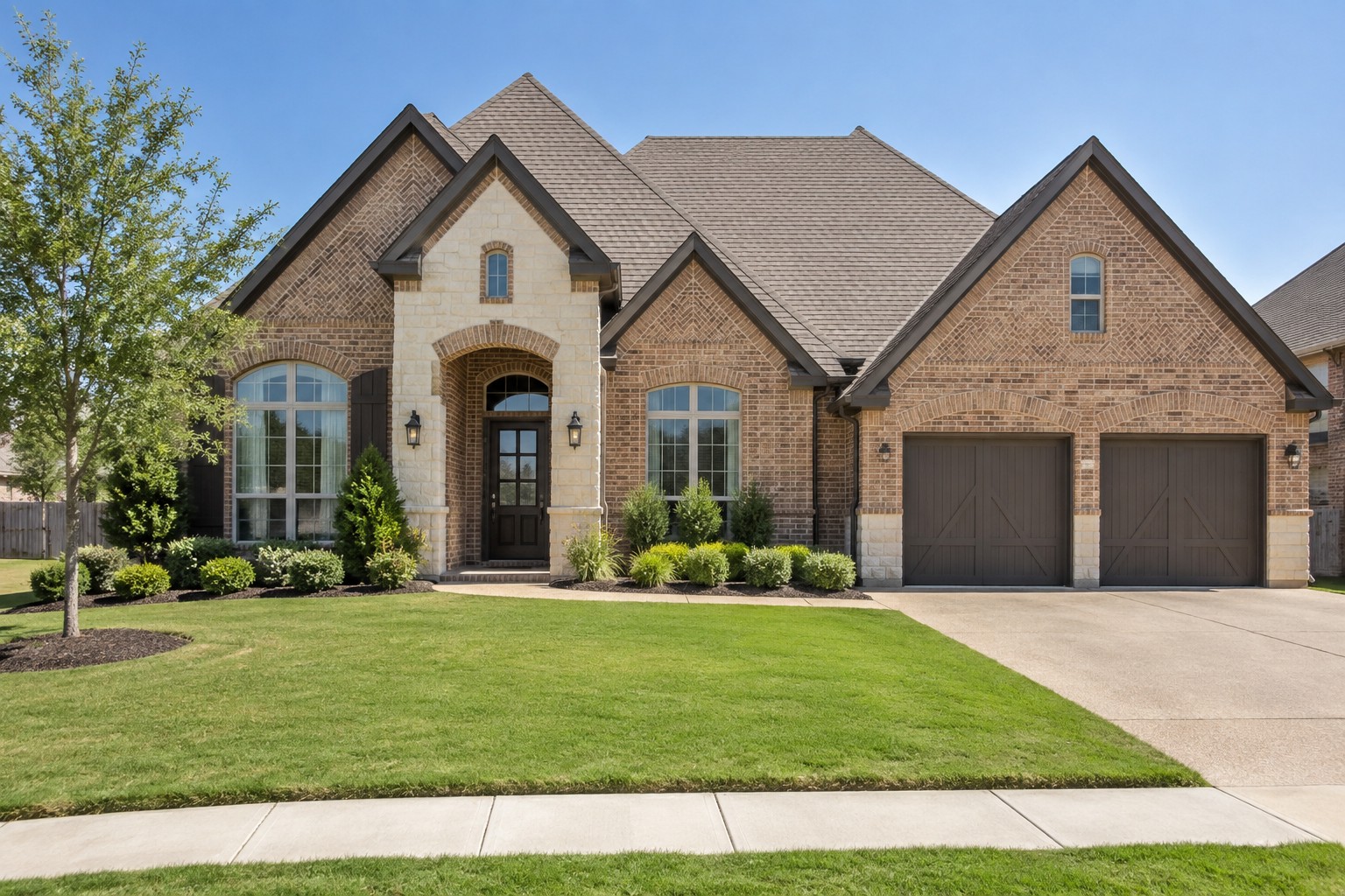 A Dallas-Fort Worth brick home exterior with a manicured lawn, illustrative